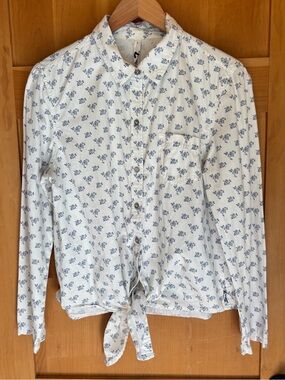 Seven7 White Blue Floral Tie-Front Button Down Blouse Size Large